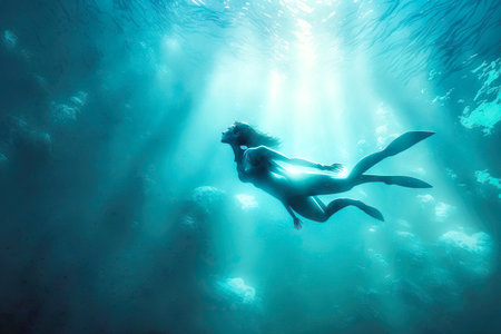 Figure of underwater girl who is engaged in freediving deep in seaの素材