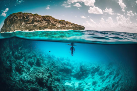 Freedivers dive into sea and do freediving near shore in tropicsの素材