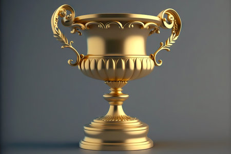 Sports victory beautiful golden cup with patterns on gray backgroundの素材