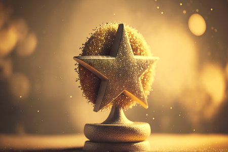 Shiny star on golden cup pedestal on yellow backgroundの素材