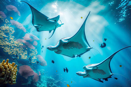 Flock of manta ray swimming among fish and corals in oceanの素材