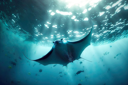 Large manta ray diving to bottom of oceanの素材