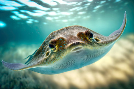 Scaly manta ray floating underwater in oceanの素材