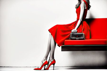 Girl in red dress and shoes with black clutch women handbagの素材