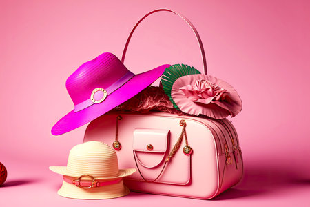 Casual summer delicate leather women handbag on pink backgroundの素材