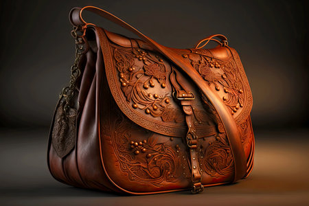 Luxurious leather women handbag with engraving and ornament on blurred backgroundの素材