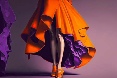 Fashionable shopping girl in bright orange skirt with women handbagの素材