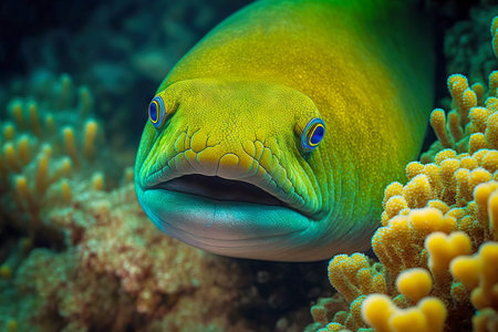 Large grey yellow moray eel head peeking out from behind rocks on ocean floorの素材