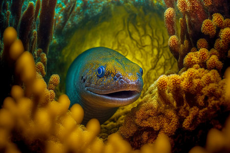 Predatory moray eel swims among bright yellow coral reefsの素材