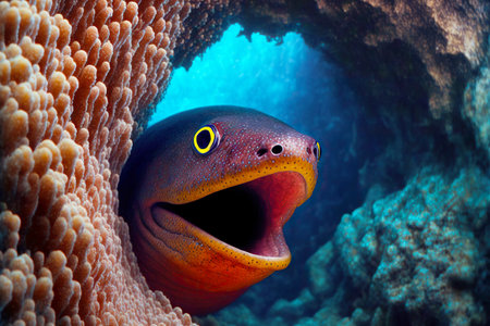 Moray eel hunting its prey in ocean from ambushの素材