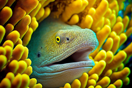 Moray eel with bright yellow eyes peeking out from coral reefsの素材