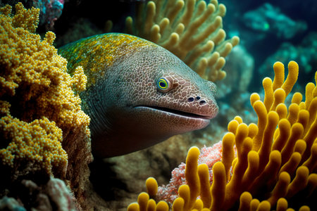 Grey hist moray eel hid in hiding and tracks down victimの素材