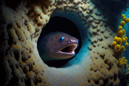 Moray eel peeks out of round mink at bottom of oceanの素材