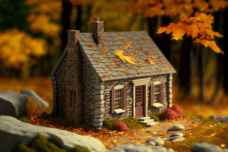 Toy stone grey tiny house in autumn foliageの素材
