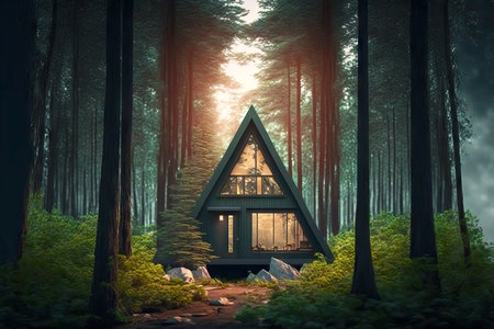 Modern conceptual triangular cottage in forest in fog of tiny houseの素材