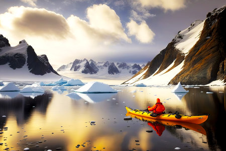 Snow-capped mountains travel active recreation winter kayaking in Antarcticaの素材