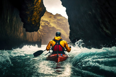 Rafting at speed on mountain river winter kayaking in Antarcticaの素材