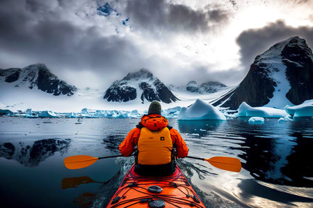 Canoe swim with paddle on calm water against backdrop of beautiful landscape winter kayaking in Antarcticaの素材