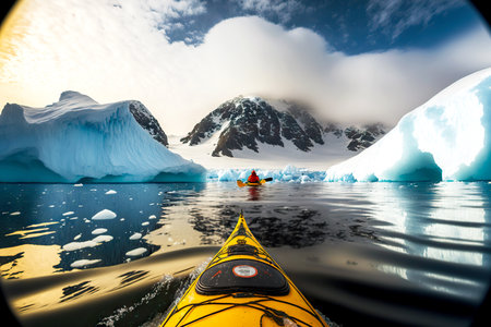 Man floating on water on boat among ice winter kayaking in Antarcticaの素材