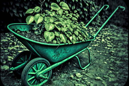 Green garden wheelbarrow with plants for planting in parkの素材