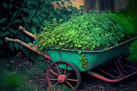Two-wheeled old green wheelbarrow loaded with shrubs for plantingの素材