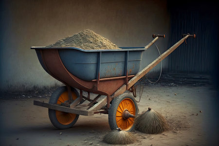 Construction equipment large working wheelbarrow loaded with materialsの素材