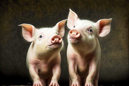 Two baby piglets hiding in barn at pig farmの素材
