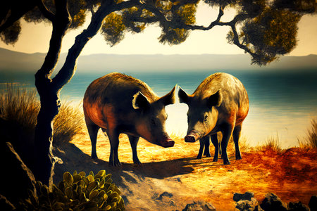 Adult large pigs looking for food under tree at pig farmの素材