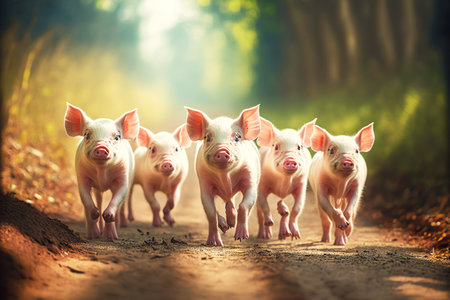 Cheerful pink piglets walk along path at pig farmの素材