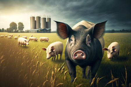 Large pigs with gray skin graze on pig farm for breedingの素材