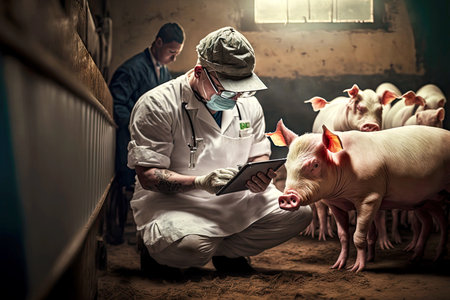 Farmer breeds pigs and counts herd to pig farmの素材