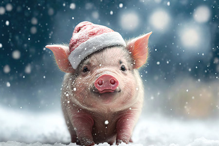Funny pink baby pig in red riding hood in winter at pig farmの素材
