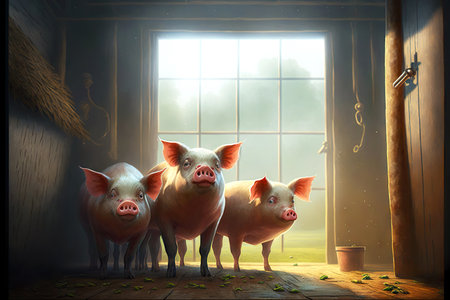 Piglets and pigs in bright clean barn at pig farmの素材