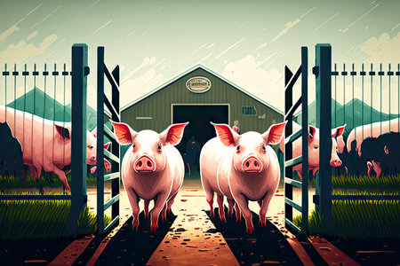 Piglets enter feeding pen in barn at pig farmの素材