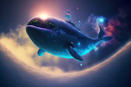Huge blue whale swimming in space against background of sunlight and galaxyの素材