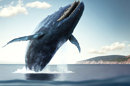 Large whale jumping out of water in ocean against background of natureの素材