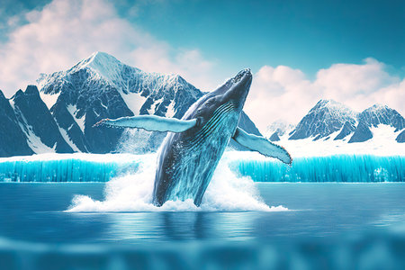 Large whale jumping out of water against backdrop of icy mountains in Arcticの素材