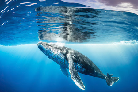 Marine underwater life humpback big whale swimming on seaの素材