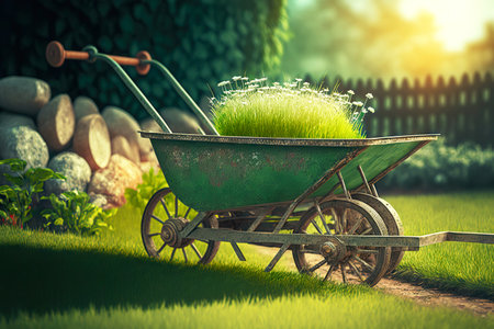 Spring planting of grass for lawn wheelbarrow loaded with seedlingsの素材
