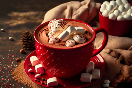 Thick drink hot chocolate red cup with marshmallows on saucer on brown backgroundの素材