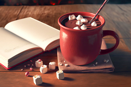 Creativity winter notebook for drawing with hot chocolate red cupの素材