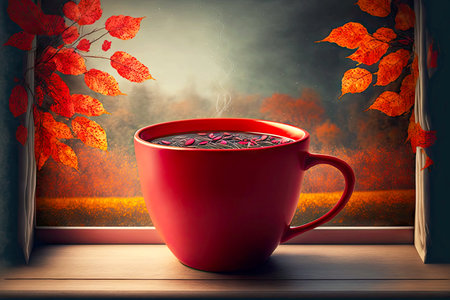 Autumn drink hot chocolate red cup on windowsill against background of foliageの素材