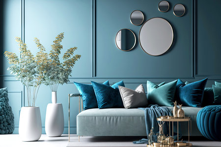home interior blue with decorations on walls and contemporary furnitureの素材