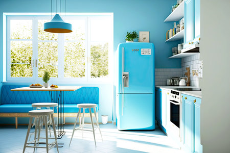 Bright spacious kitchen with furniture set in home interior blueの素材