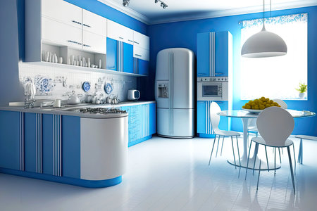 Stylish white blue kitchen with modern furniture in home interior blueの素材