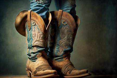 High brown cowboy boots with ornament on shankの素材