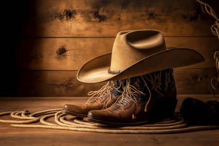 Brown cowboy boots with hat and lasso in wooden shedの素材