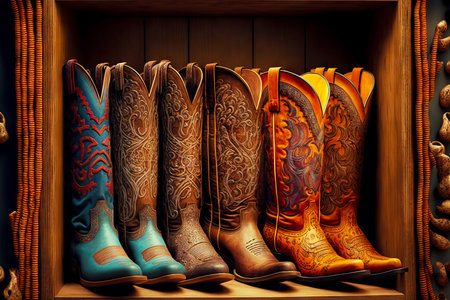 Range of new cowboy boots with ornament on shelf in storeの素材