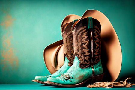 Beautiful turquoise cowboy boots with brown shank and hatの素材