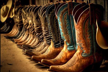 cowboy boots with high shins stand in rows on sandの素材